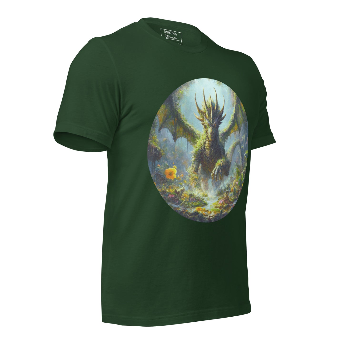 Featuring an elder earth dragon gracefully emerging from the forest floor after resting, with wings outstretched, this design exudes power, elegance, and a deep connection to nature.