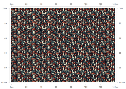 Discover Nature’s Charm: Red-Capped Mushrooms & Green Foliage Fabric. A vibrant repeat pattern featuring enchanting mushrooms nestled among lush greenery. 1 Meter repeat pattern.
