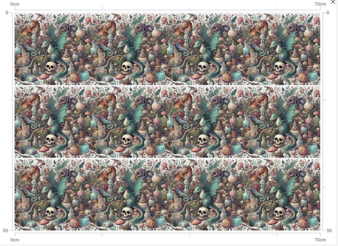 A vibrant repeat fabric featuring a green dragon perched on a skull, surrounded by potion bottles and creatures with a striking cartoon effect. Fat Quater repeat pattern.
