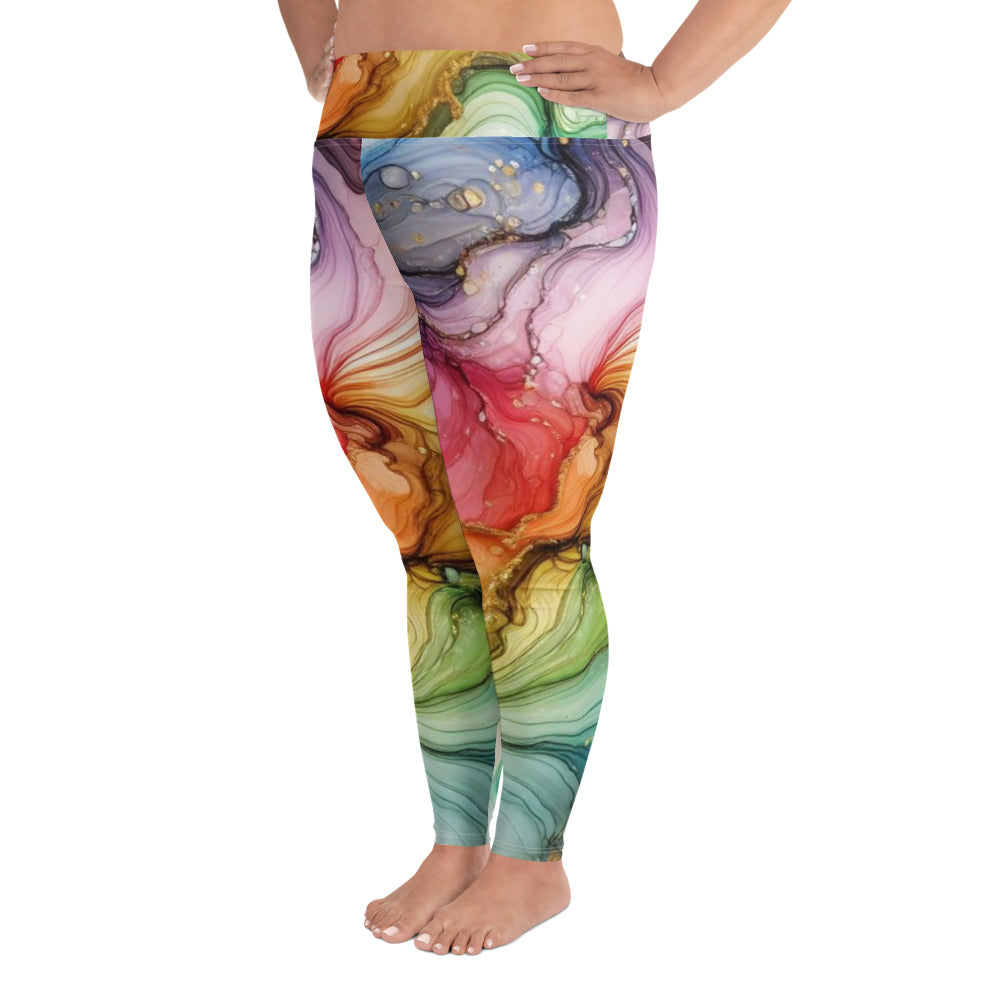 Make a vibrant statement with Rainbow Ripples Alcohol Ink Abstract All-Over Print Plus Size Leggings. Featuring a dynamic swirl of colors inspired by alcohol ink art, these leggings bring bold energy and artistic elegance to your wardrobe.