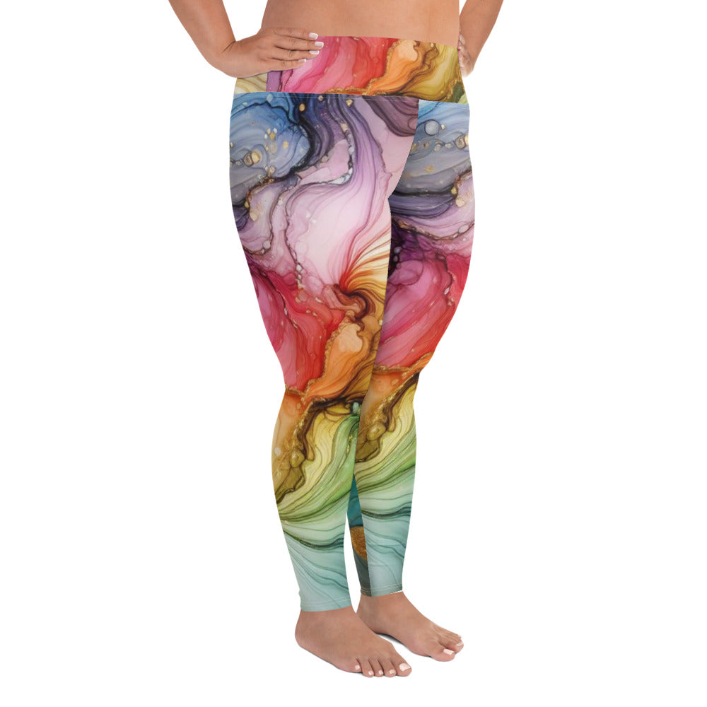 Make a vibrant statement with Rainbow Ripples Alcohol Ink Abstract All-Over Print Plus Size Leggings. Featuring a dynamic swirl of colors inspired by alcohol ink art, these leggings bring bold energy and artistic elegance to your wardrobe.