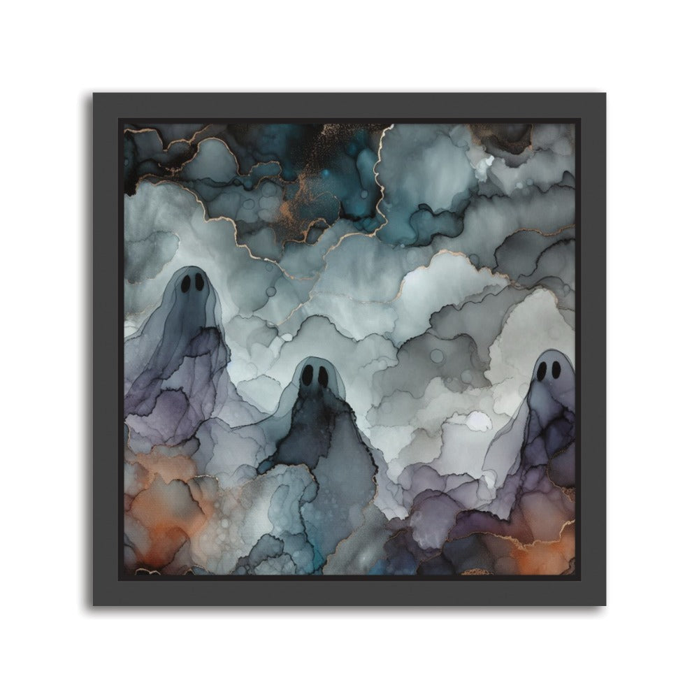 The Storyteller’s Spirits Alcohol Ink – Handmade abstract canvas print featuring three ghostly forms emerging from swirling monochrome ink layers. Black frame.
Format: Square, 10 × 10 inch / 25 × 25 cm.