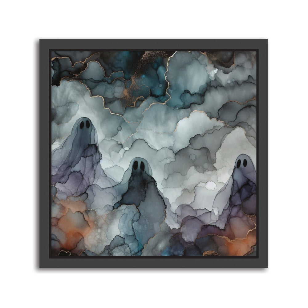The Storyteller’s Spirits Alcohol Ink – Handmade abstract canvas print featuring three ghostly forms emerging from swirling monochrome ink layers. Black frame.
Format: Square, 12 × 12 inch / 30 × 30 cm.