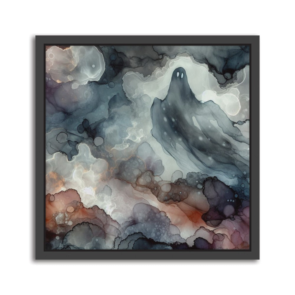 Whispers in the Void Alcohol Ink – Handmade Abstract Canvas Print A spectral composition crafted with alcohol inks, blending solution, and graphic markers on Yupo paper. Ghostly forms drift through monochrome mist, evoking emotion and mystery. Printed on premium canvas with a black floating frame. Format: 14 × 14 inch/ 35 x 35cm square format.