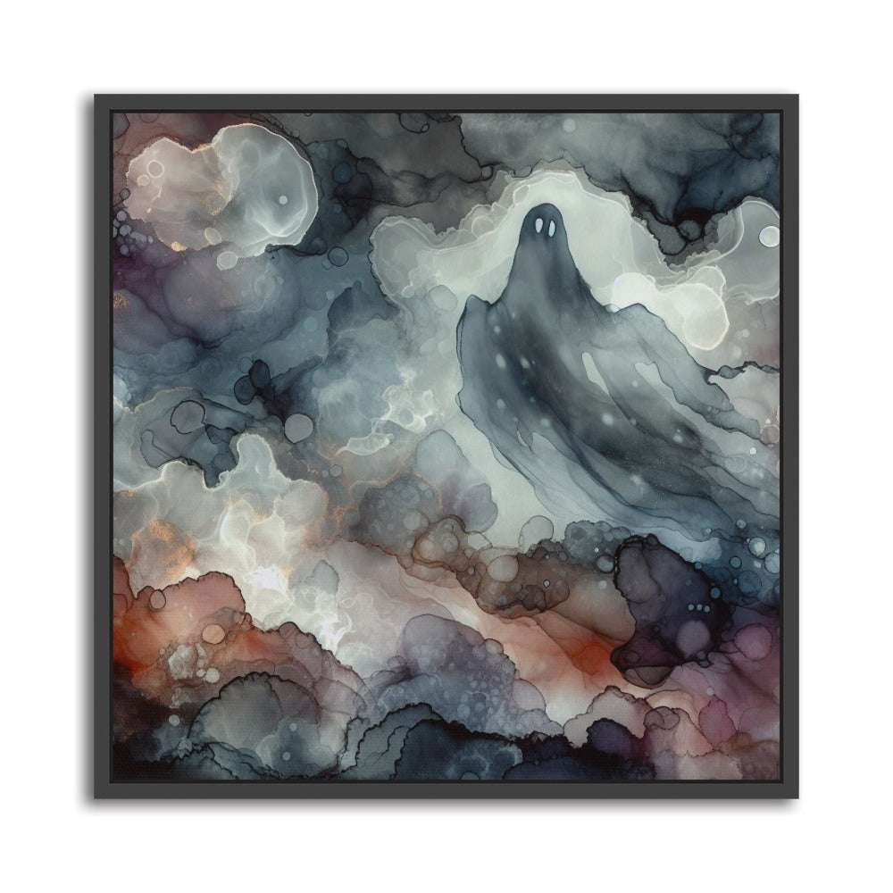 Whispers in the Void Alcohol Ink – Handmade Abstract Canvas Print A spectral composition crafted with alcohol inks, blending solution, and graphic markers on Yupo paper. Ghostly forms drift through monochrome mist, evoking emotion and mystery. Printed on premium canvas with a black floating frame. Format: 24 × 24 inch/ 60 x 60cm square format.