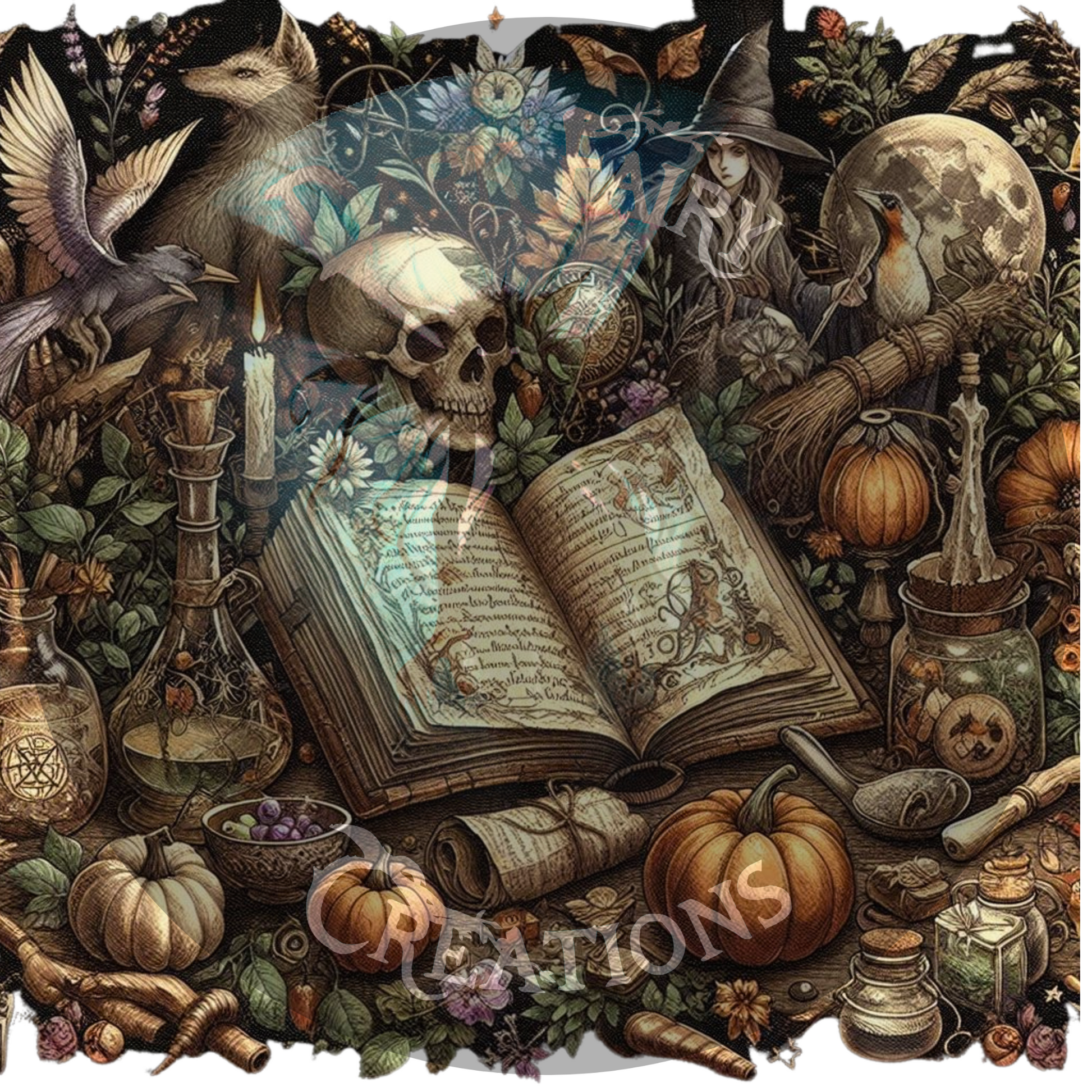 Step into a world of enchantment with the Book of Shadow. At the heart of a mysterious house in the woods lies an open spell book, surrounded by skulls, pumpkins, potion bottles, and mystical creatures in a hauntingly magical dance. A fabric designed to spark imagination and mystery.