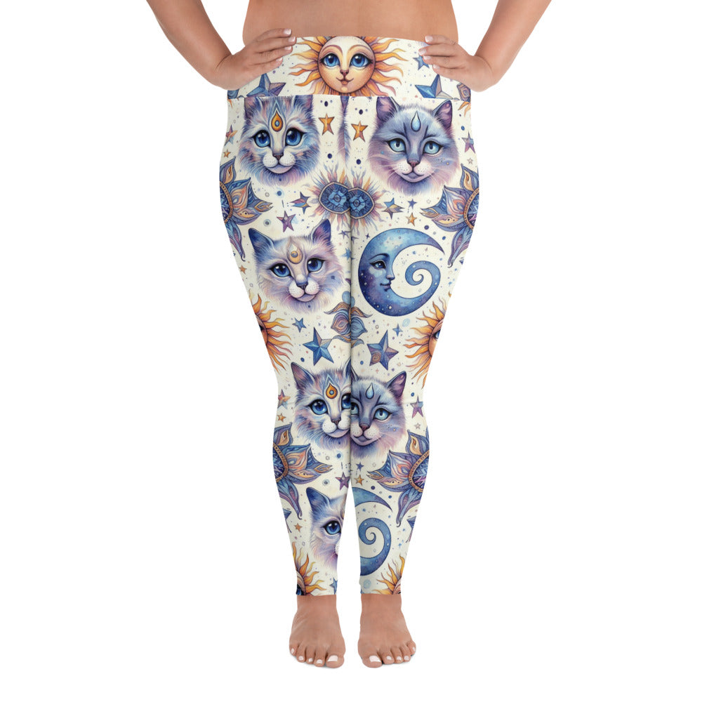 Elevate your wardrobe with Celestial Cat Sun Moon Plus Size Leggings. Featuring multi-shaded purple cats—from lavender to violet and lilac—surrounded by yellow suns, blue stars, and moons on a crisp white background, these leggings bring a cosmic and whimsical touch to your style.