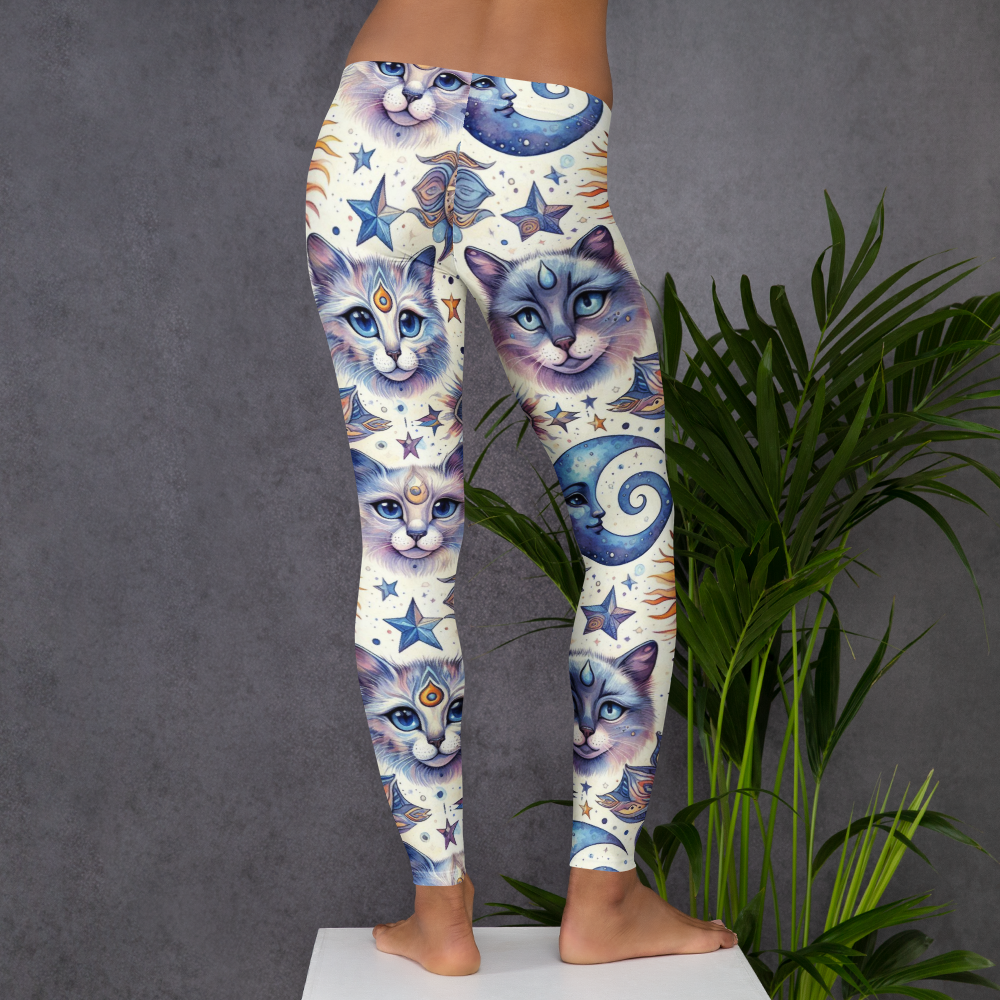 Elevate your wardrobe with Celestial Cat Sun Moon Leggings. Featuring multi-shaded purple cats—from lavender to violet and lilac—surrounded by yellow suns, blue stars, and moons on a crisp white background, these leggings bring a cosmic and whimsical touch to your style.