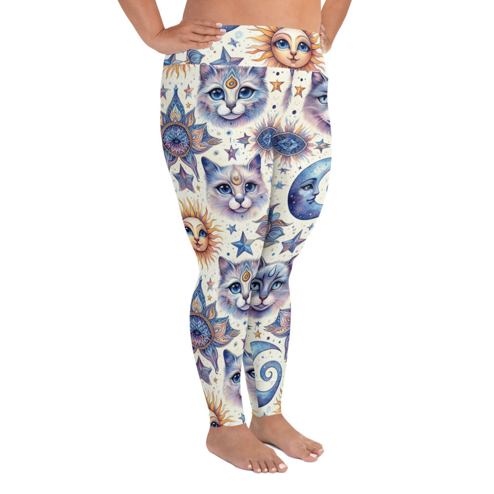 Elevate your wardrobe with Celestial Cat Sun Moon Plus size Leggings. Featuring multi-shaded purple cats—from lavender to violet and lilac—surrounded by yellow suns, blue stars, and moons on a crisp white background, these leggings bring a cosmic and whimsical touch to your style.