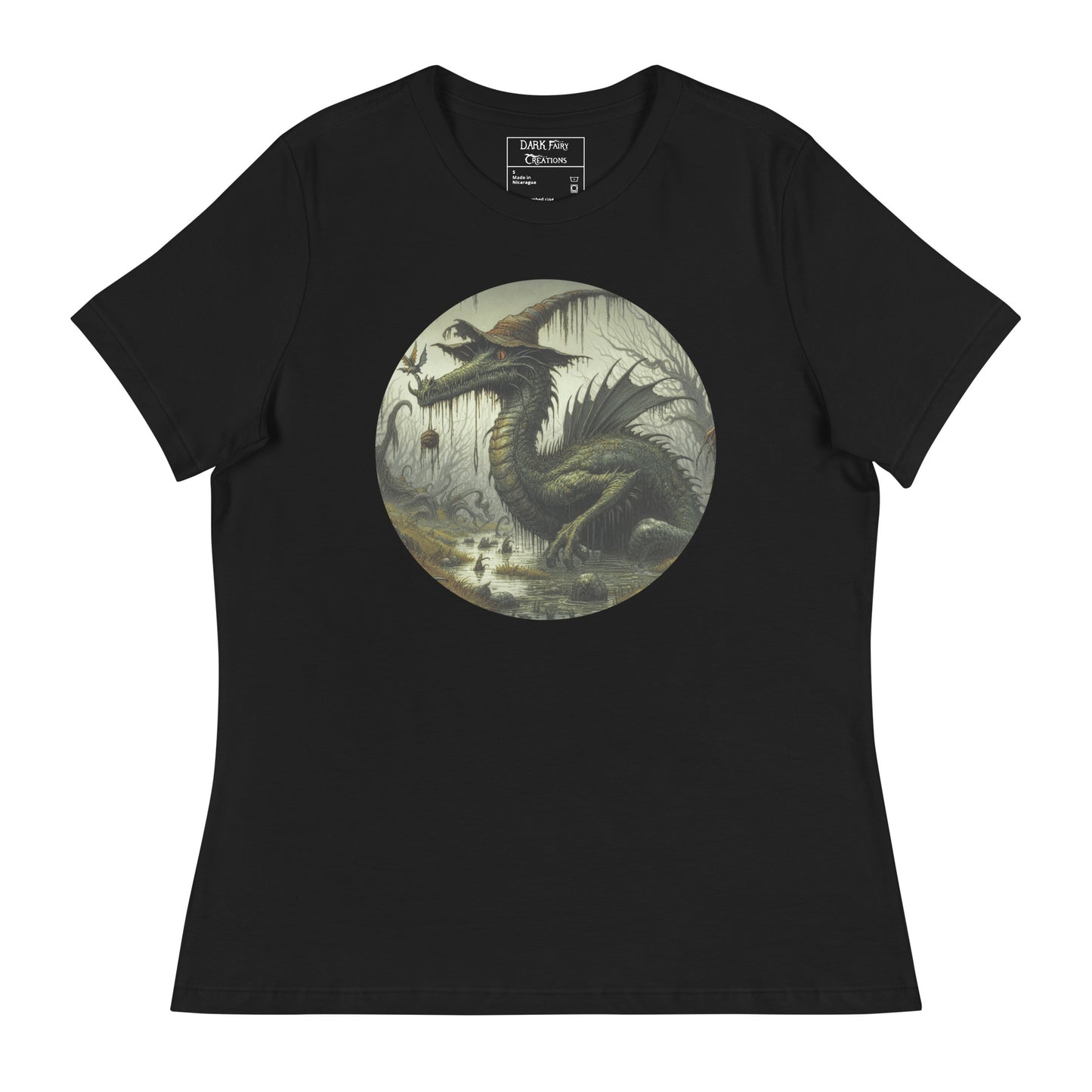 Dive into the magical world of Cyril, the whimsical Swamp Dragon! A repeat pattern with a hat-wearing dragon, flying magical creatures, and a murky swamp vibe.