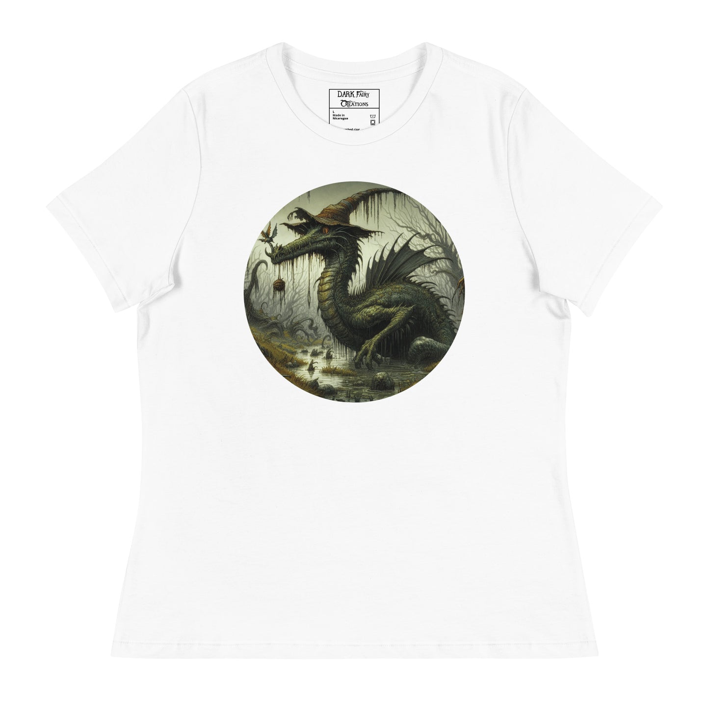 Dive into the magical world of Cyril, the whimsical Swamp Dragon! A repeat pattern with a hat-wearing dragon, flying magical creatures, and a murky swamp vibe.