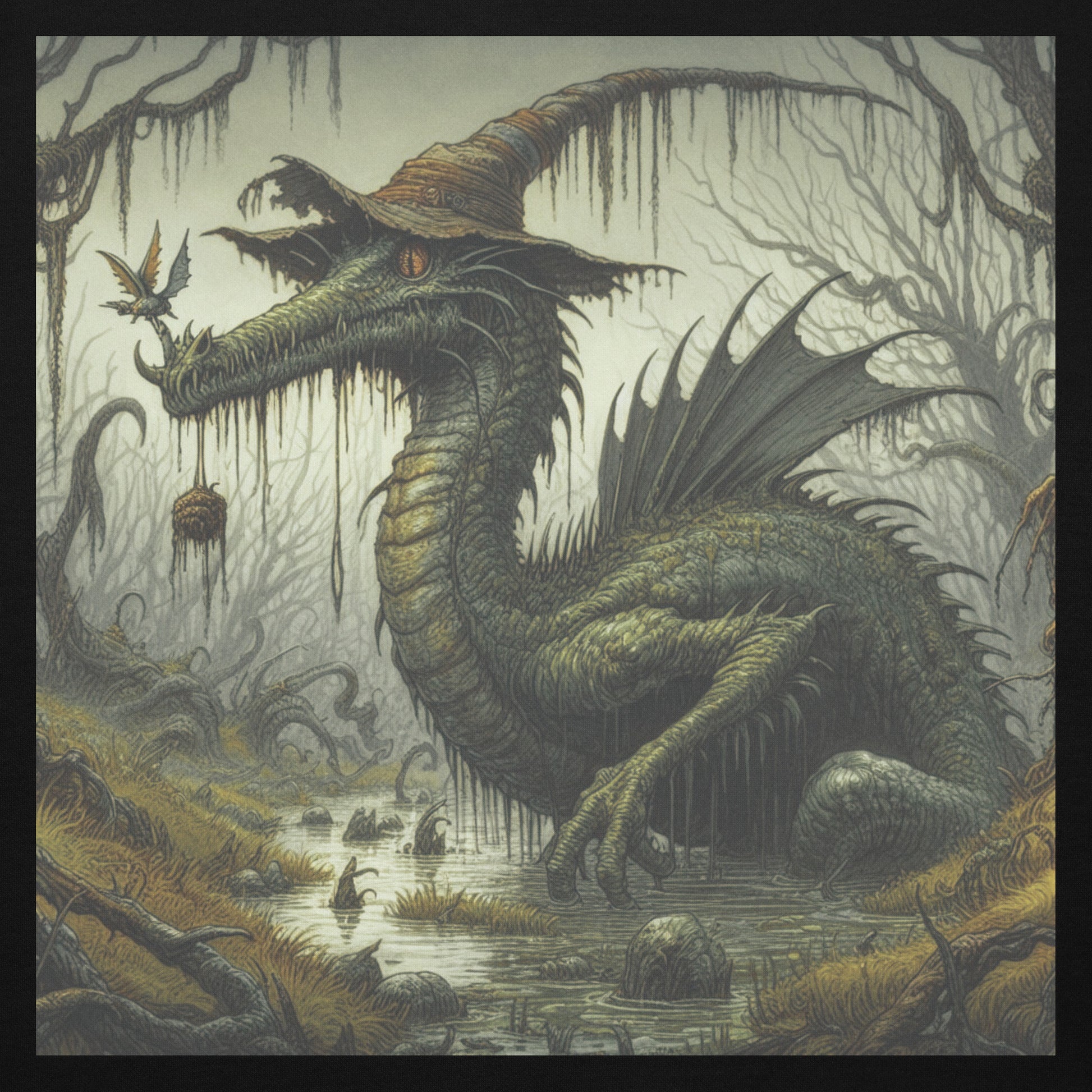 Dive into the magical world of Cyril, the whimsical Swamp Dragon! A hat-wearing dragon, flying magical creatures, and a murky swamp vibe.