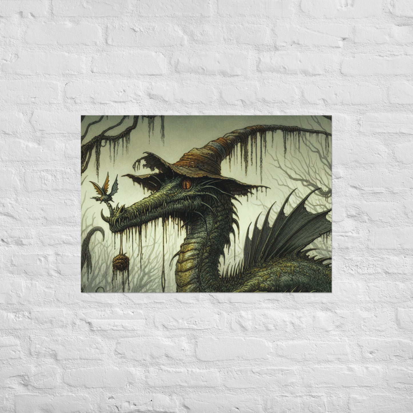 Dive into the magical world of Cyril, the whimsical Swamp Dragon! A hat-wearing dragon, flying magical creatures, and a murky swamp vibe.