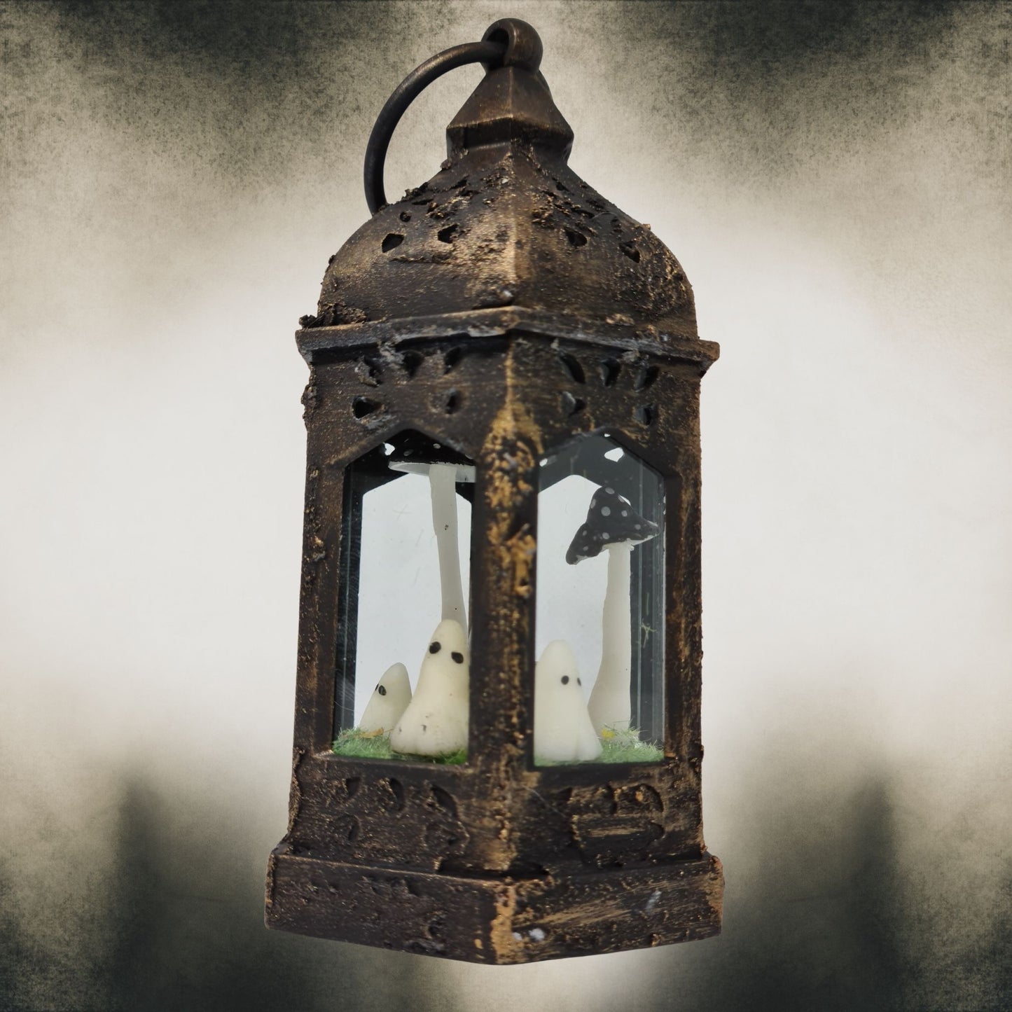Gold handmade ghost lantern with black mushrooms – spooky Halloween gothic home decoration.