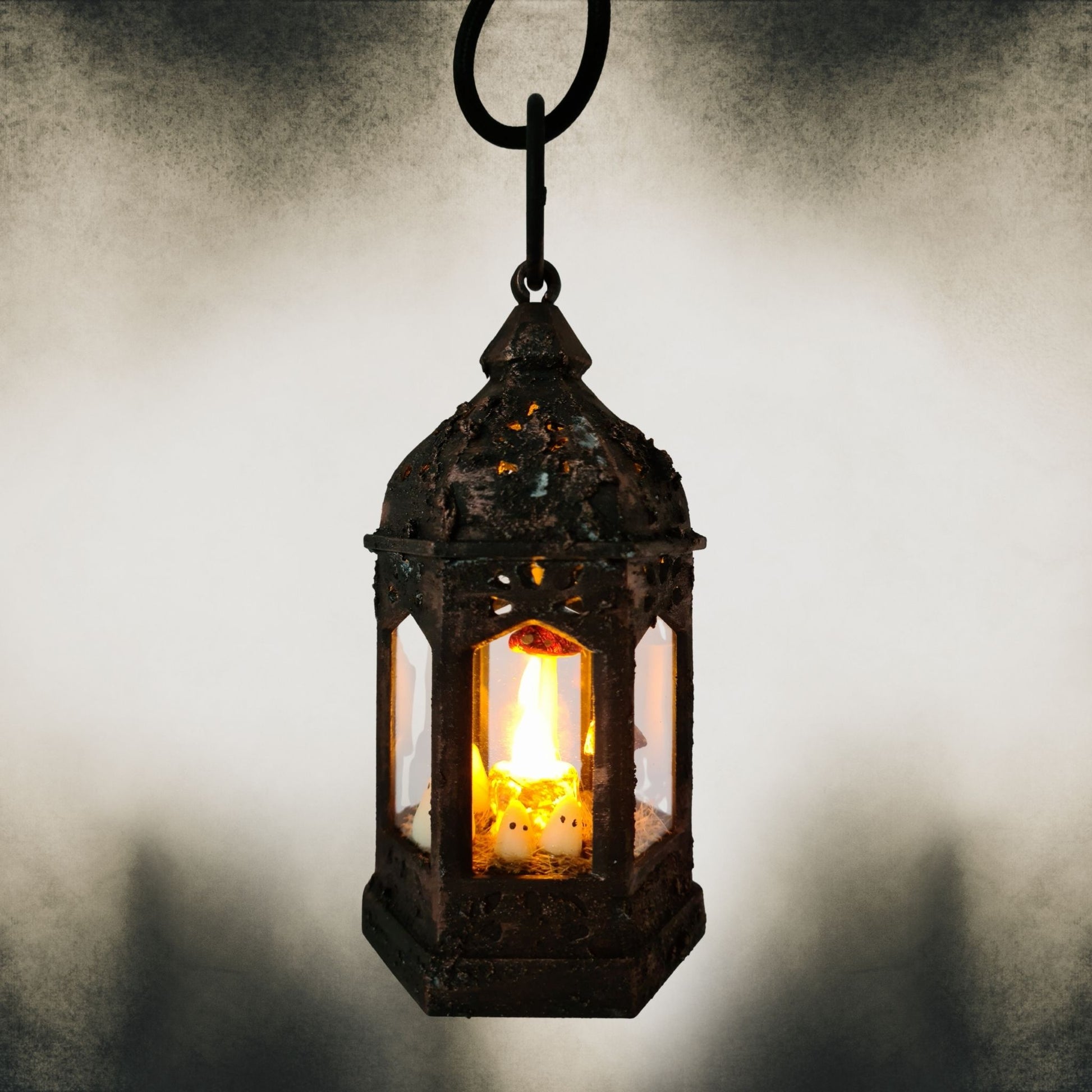 Handmade ghost lantern with top loop for hanging – gothic Halloween home decoration.