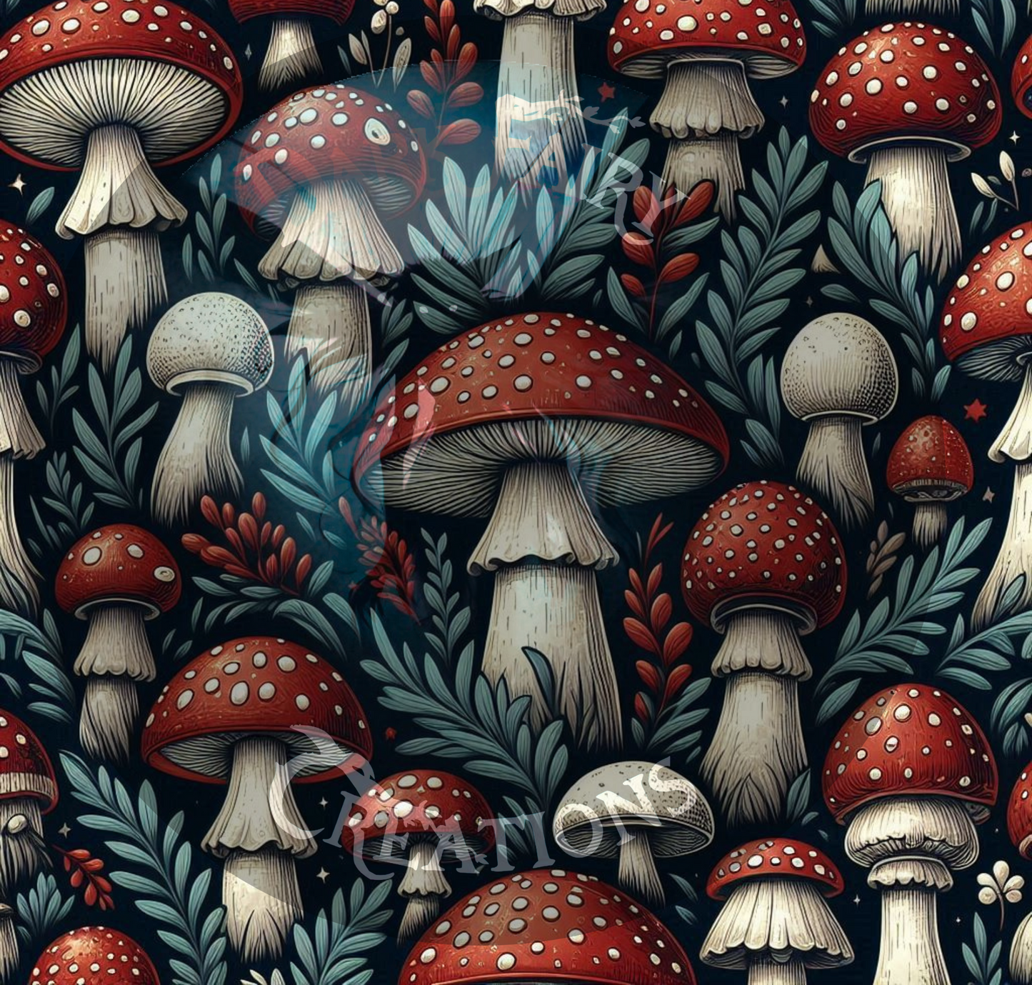 Discover Nature’s Charm: Red-Capped Mushrooms & Green Foliage Fabric. A vibrant repeat pattern featuring enchanting mushrooms nestled among lush greenery