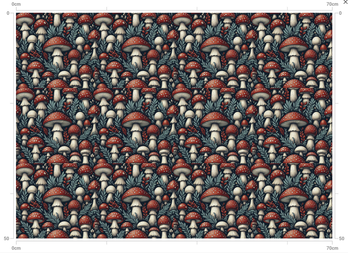 Discover Nature’s Charm: Red-Capped Mushrooms & Green Foliage Fabric. A vibrant repeat pattern featuring enchanting mushrooms nestled among lush greenery. Fat Quater repeat pattern.