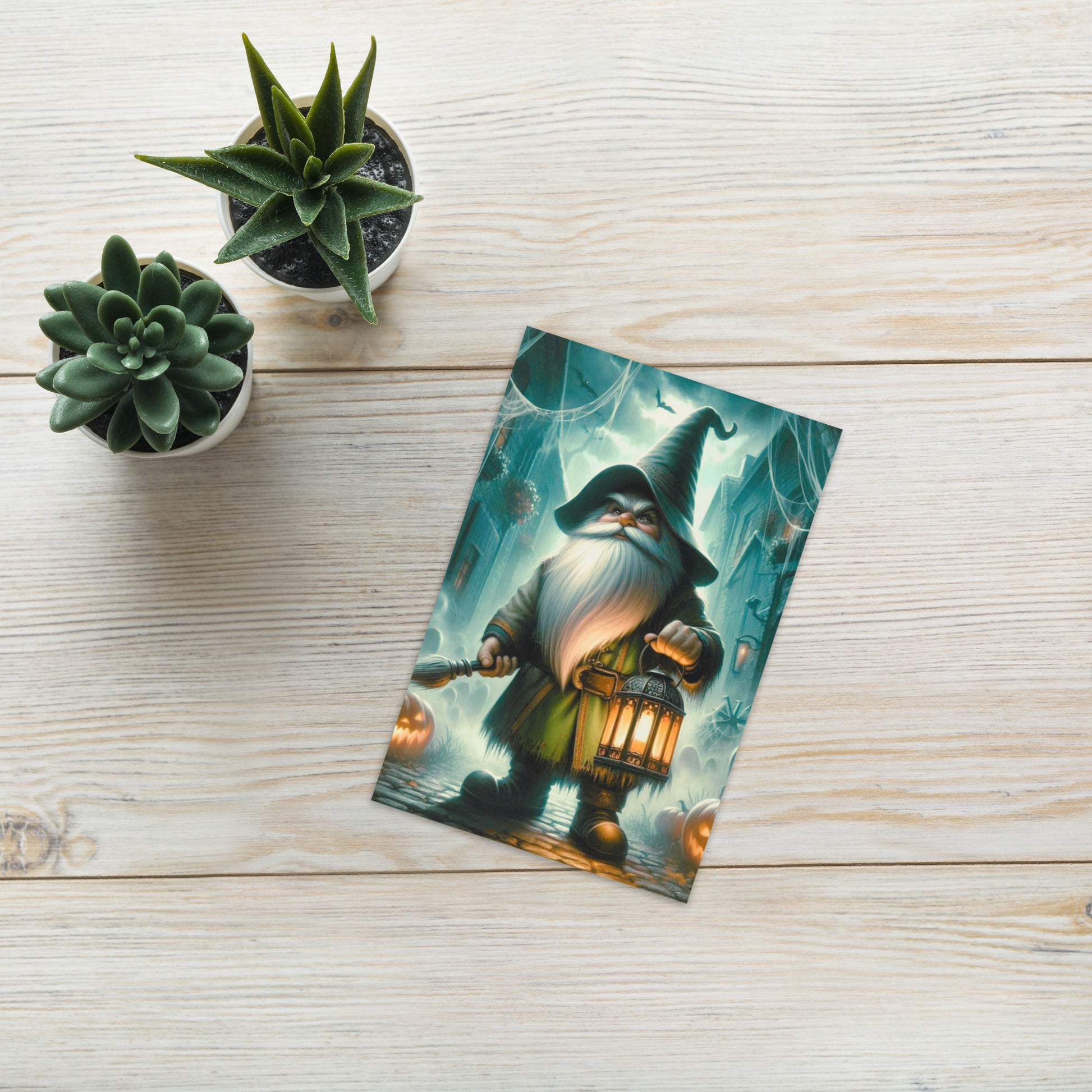 Embrace the eerie charm of the Nightwatch Gnome design. This unique card features a gnome holding a lantern on a dark, spooky night, surrounded by glowing pumpkins in shadowy doorways. Perfect for making a bold, whimsical statement.