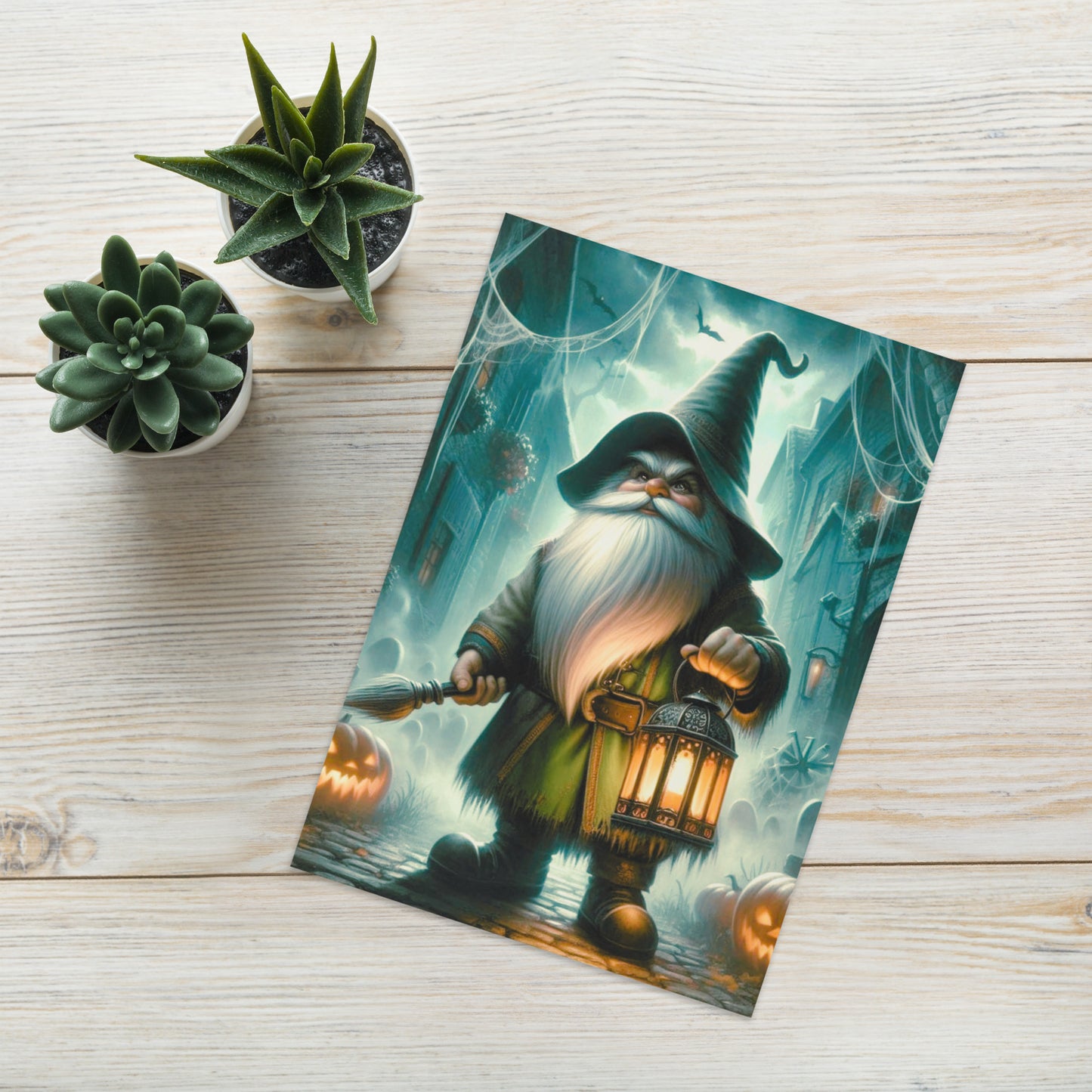 Embrace the eerie charm of the Nightwatch Gnome design. This unique card features a gnome holding a lantern on a dark, spooky night, surrounded by glowing pumpkins in shadowy doorways. Perfect for making a bold, whimsical statement.