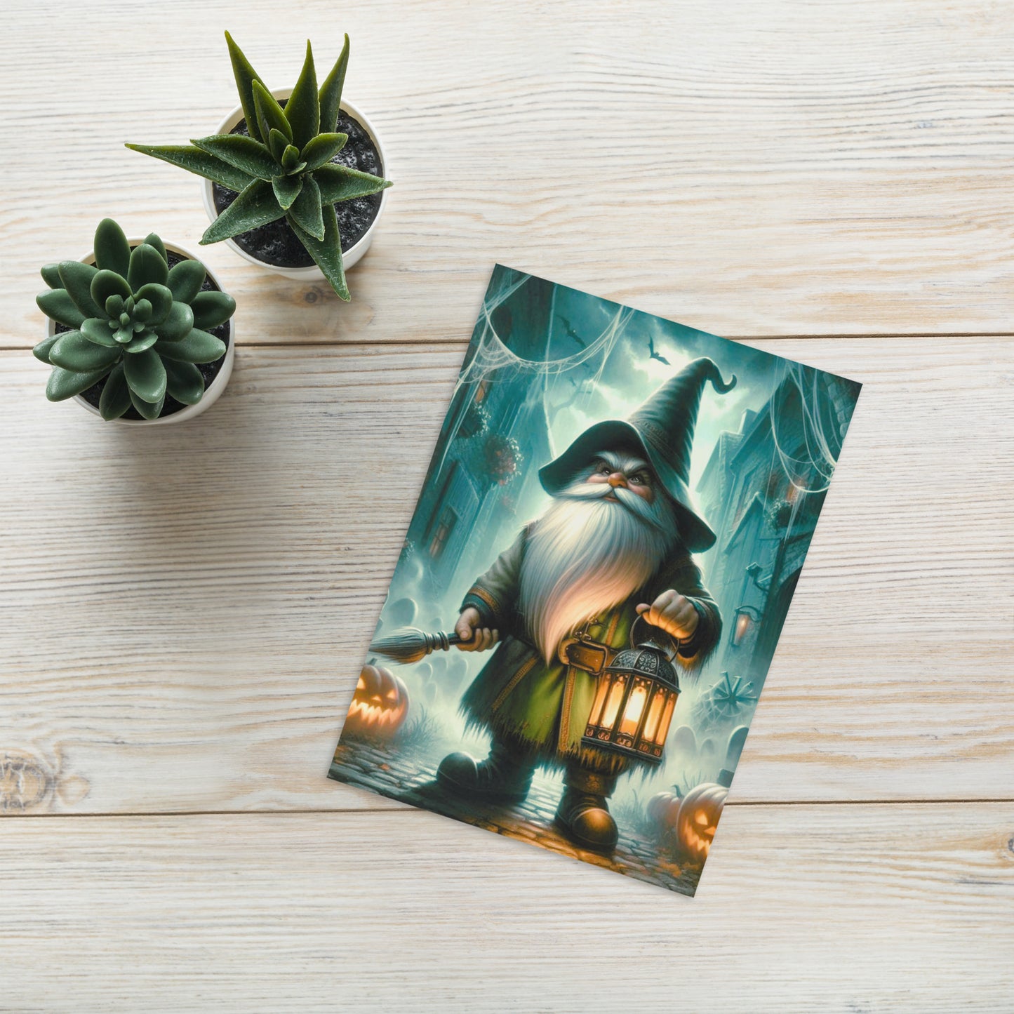 Embrace the eerie charm of the Nightwatch Gnome design. This unique card features a gnome holding a lantern on a dark, spooky night, surrounded by glowing pumpkins in shadowy doorways. Perfect for making a bold, whimsical statement.