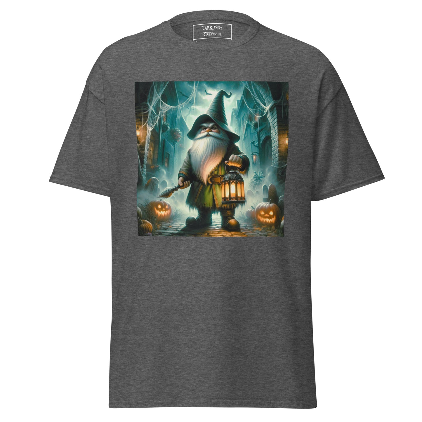 Embrace the eerie charm of the Nightwatch Gnome design. This unique design features a gnome holding a lantern on a dark, spooky night, surrounded by glowing pumpkins in shadowy doorways. Perfect for making a bold, whimsical statement.