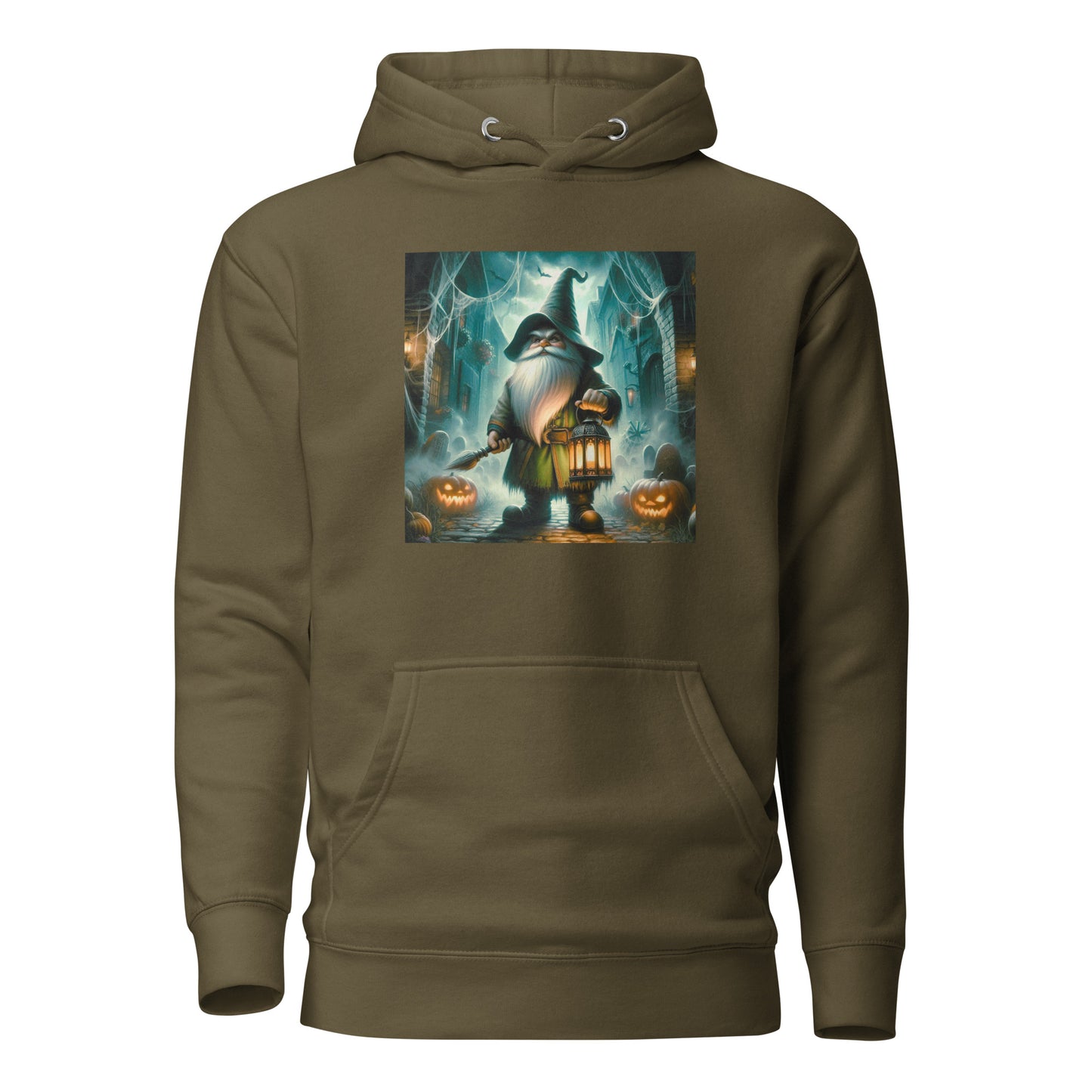 Embrace the eerie charm of the Nightwatch Gnome design. This unique garment features a gnome holding a lantern on a dark, spooky night, surrounded by glowing pumpkins in shadowy doorways. Perfect for making a bold, whimsical statement.