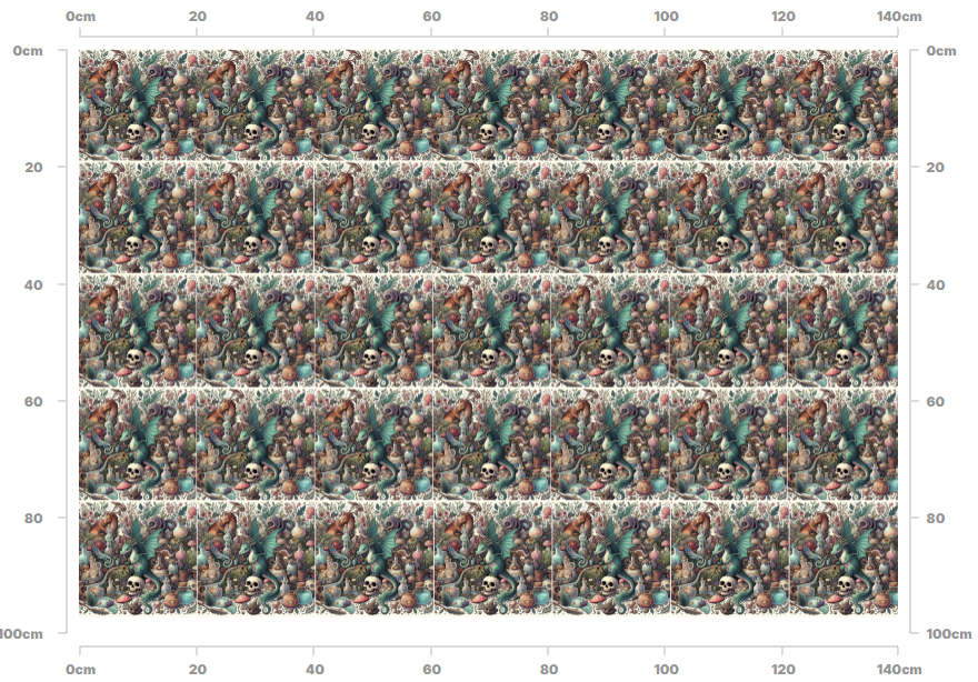 A vibrant repeat fabric featuring a green dragon perched on a skull, surrounded by potion bottles and creatures with a striking cartoon effect. 1 meter repeat patern.
