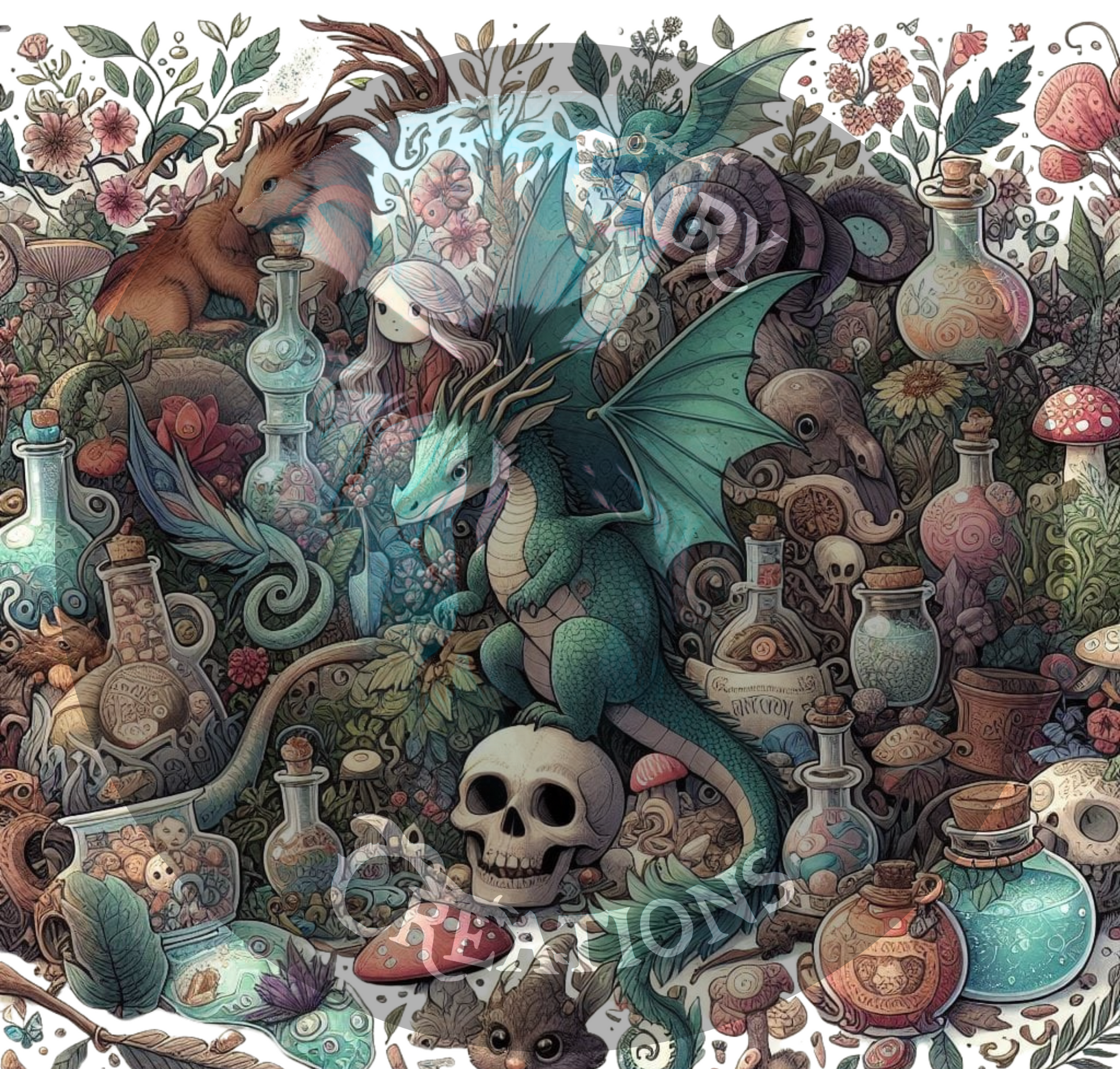 A vibrant repeat fabric featuring a green dragon perched on a skull, surrounded by potion bottles and creatures with a striking cartoon effect.