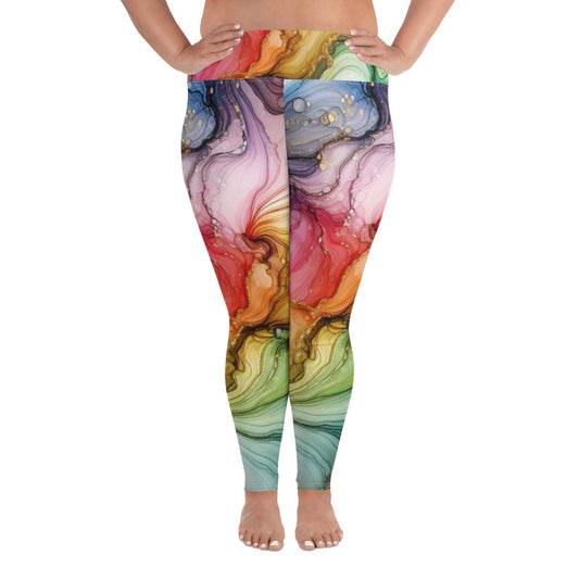 Make a vibrant statement with Rainbow Ripples Alcohol Ink Abstract All-Over Print Plus Size Leggings. Featuring a dynamic swirl of colors inspired by alcohol ink art, these leggings bring bold energy and artistic elegance to your wardrobe.