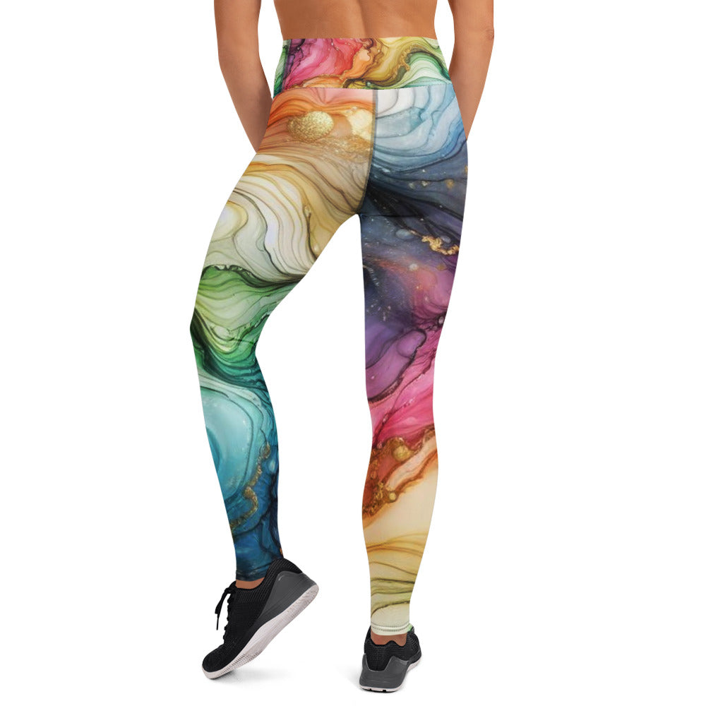 Add a splash of color to your workout with Rainbow Ripples Alcohol Ink Abstract Yoga Leggings. Featuring a vibrant all-over print inspired by the fluid beauty of alcohol ink art, these leggings combine comfort and artistic flair for a truly eye-catching look.