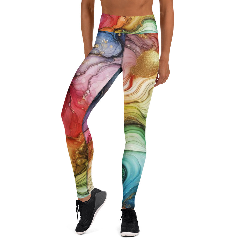 Add a splash of color to your workout with Rainbow Ripples Alcohol Ink Abstract Yoga Leggings. Featuring a vibrant all-over print inspired by the fluid beauty of alcohol ink art, these leggings combine comfort and artistic flair for a truly eye-catching look.