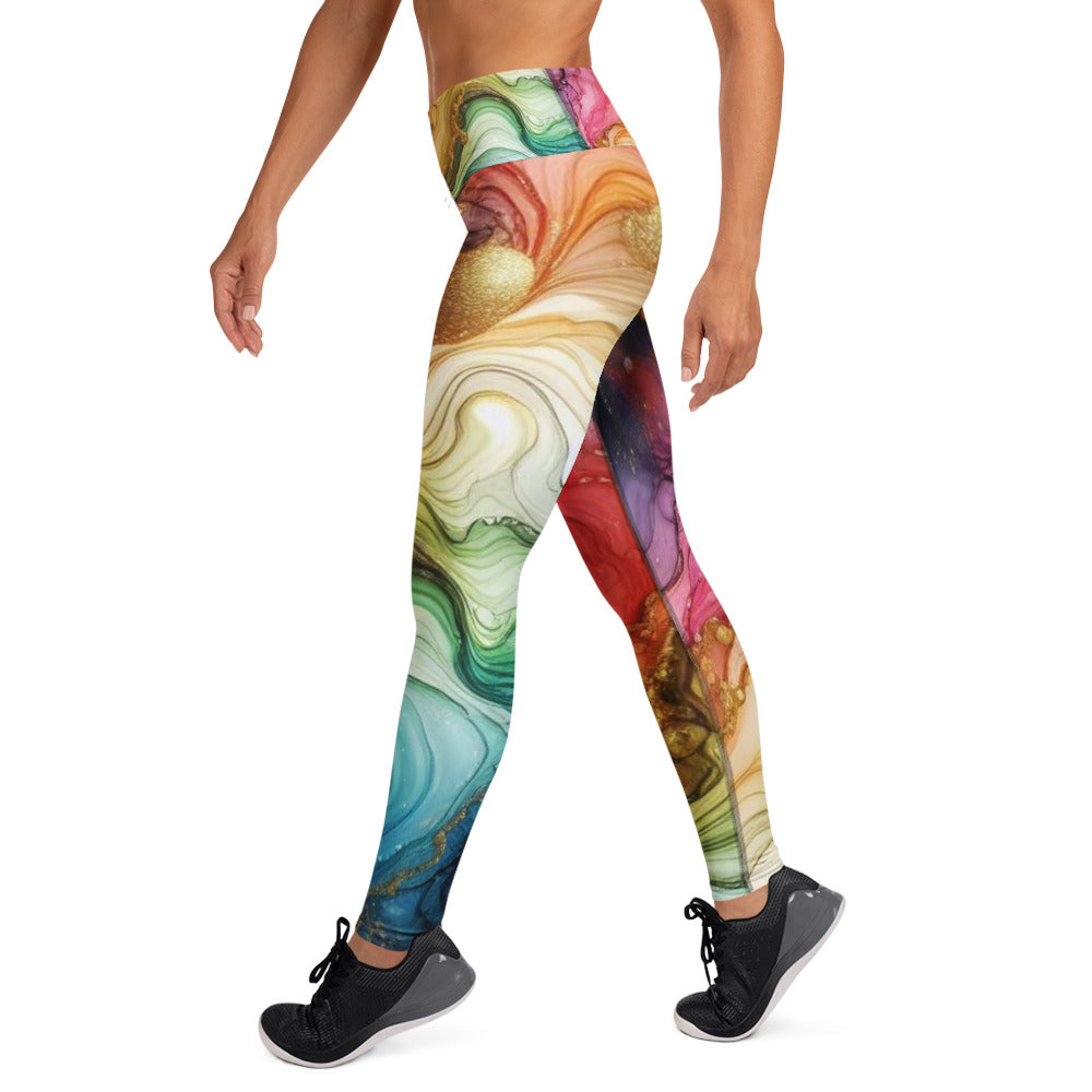 Add a splash of color to your workout with Rainbow Ripples Alcohol Ink Abstract Yoga Leggings. Featuring a vibrant all-over print inspired by the fluid beauty of alcohol ink art, these leggings combine comfort and artistic flair for a truly eye-catching look.