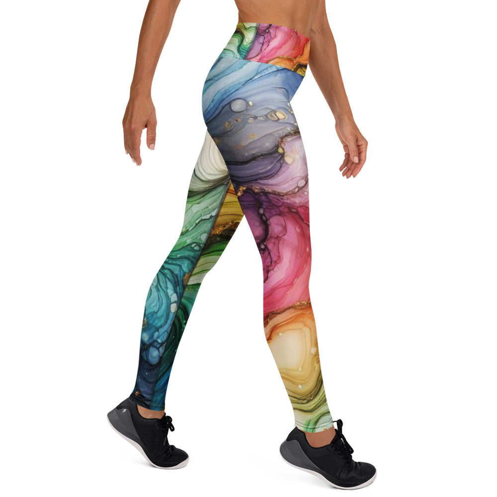 Add a splash of color to your workout with Rainbow Ripples Alcohol Ink Abstract Yoga Leggings. Featuring a vibrant all-over print inspired by the fluid beauty of alcohol ink art, these leggings combine comfort and artistic flair for a truly eye-catching look.