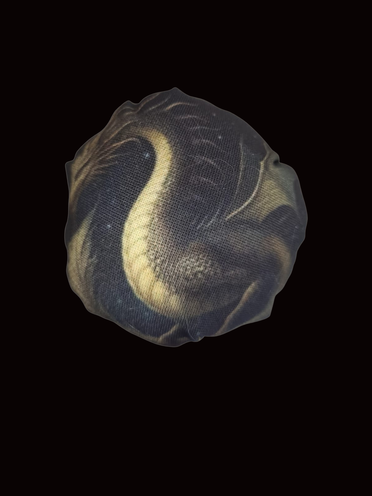 Handmade shroom pin cushion in Dragon Moon Chinoiserie fabric macro close up.