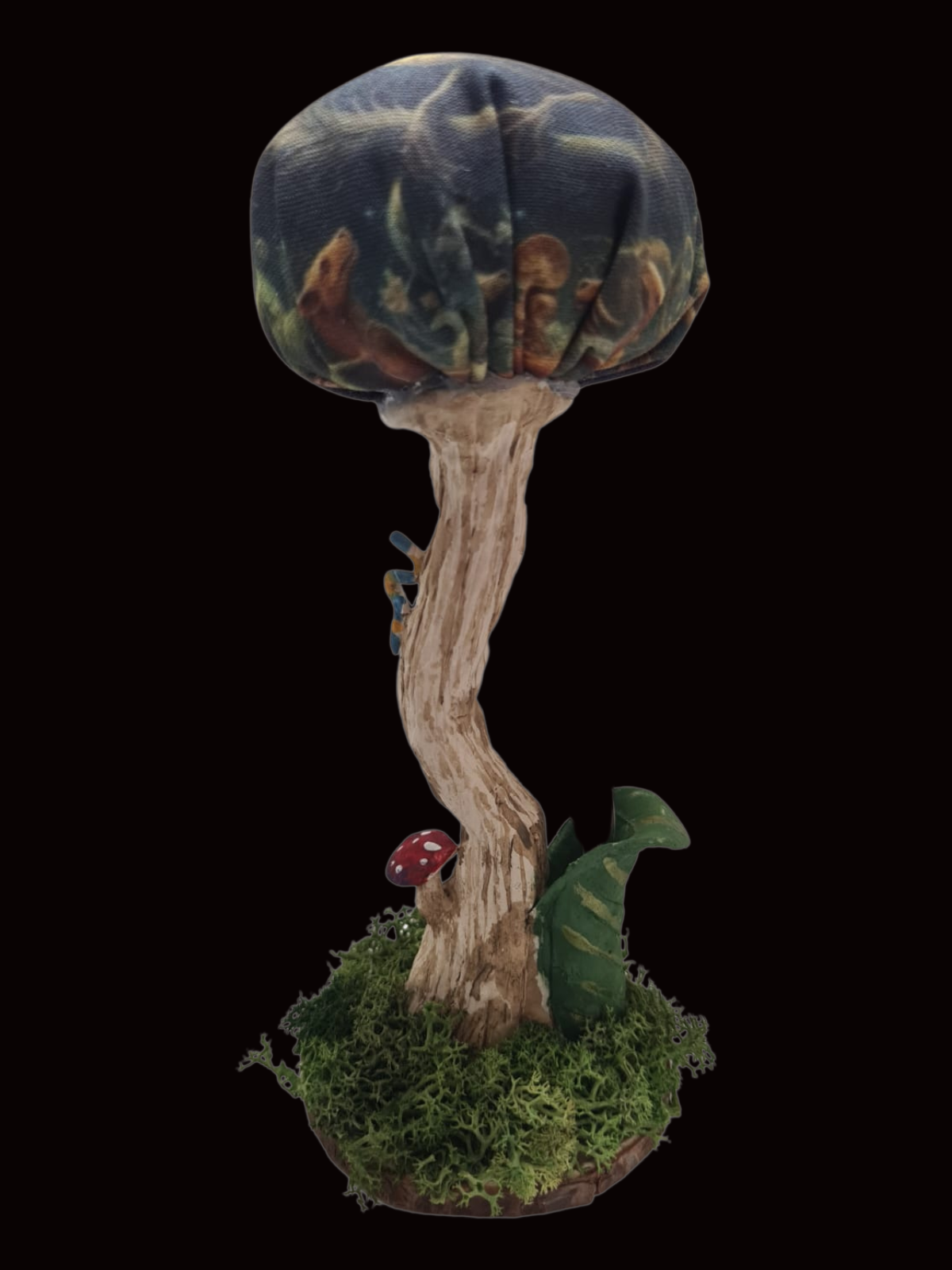 Handmade shroom pin cushion in Dragon Moon Chinoiserie fabric with no sewing scissors.