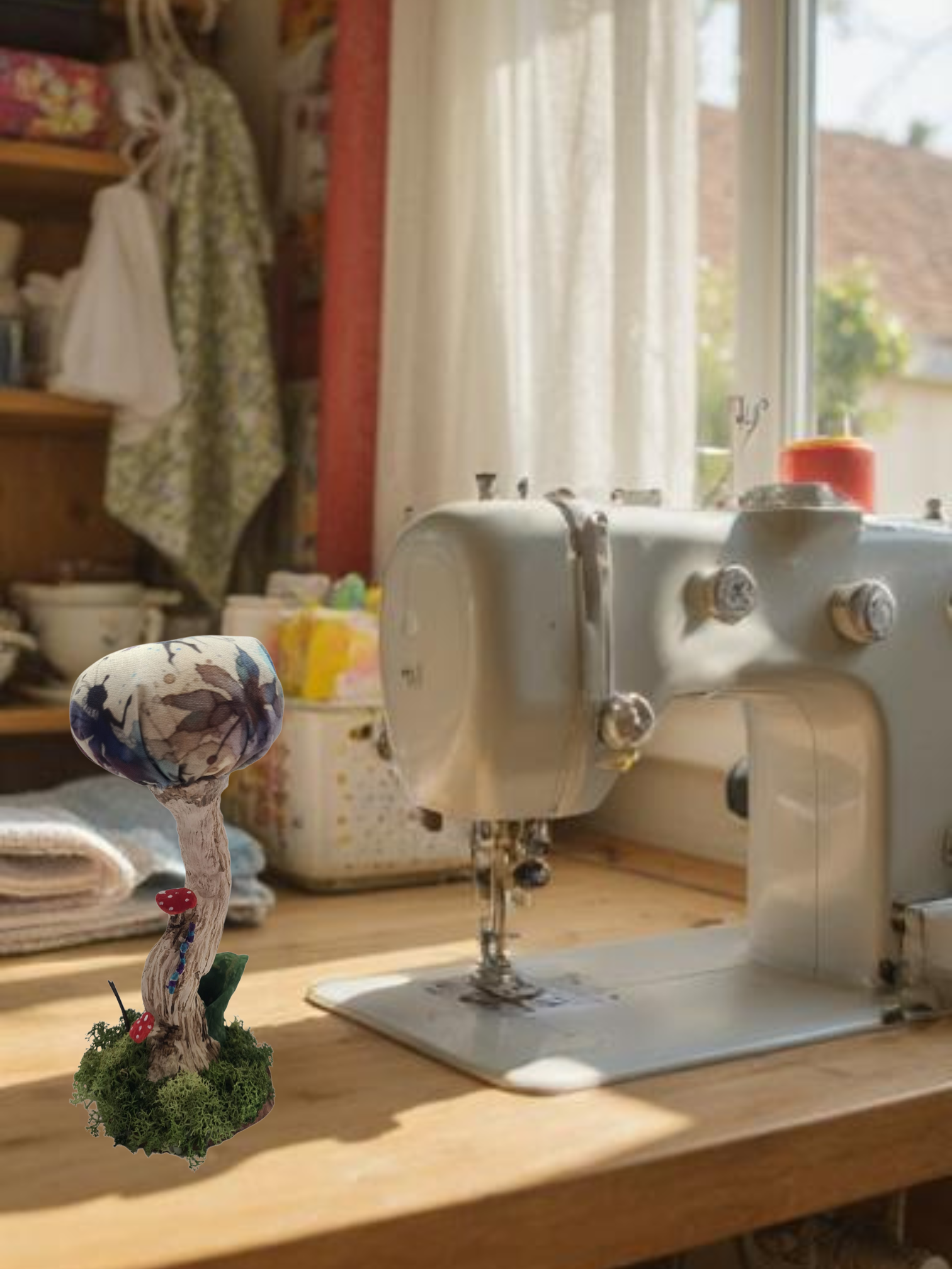 Handmade shroom pin cushion in Fairy Friends fabric sitting on a sewing desk.