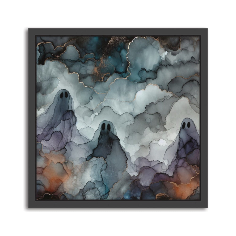 The Storyteller’s Spirits Alcohol Ink – Handmade abstract canvas print featuring three ghostly forms emerging from swirling monochrome ink layers. Black frame. 
Format: Square, 14 × 14 inch / 35 × 35 cm.