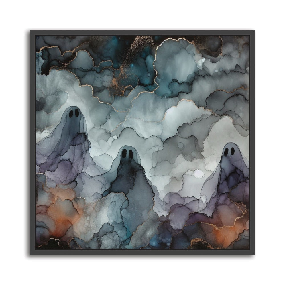 The Storyteller’s Spirits Alcohol Ink – Handmade abstract canvas print featuring three ghostly forms emerging from swirling monochrome ink layers. Black frame. 
Format: Square, 24 × 24 inch / 60 × 60 cm.