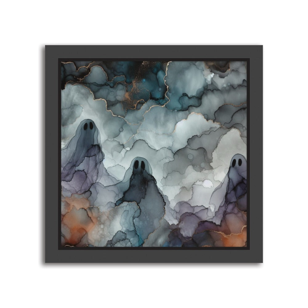 The Storyteller’s Spirits Alcohol Ink – Handmade abstract canvas print featuring three ghostly forms emerging from swirling monochrome ink layers. Black frame. 
Format: Square, 8 × 8 inch / 20 × 20 cm.