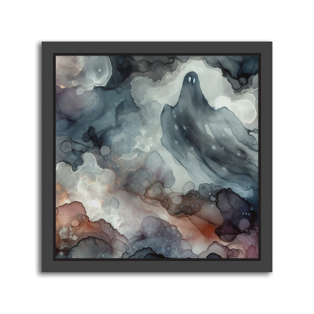 Whispers in the Void Alcohol Ink – Handmade Abstract Canvas Print A spectral composition crafted with alcohol inks, blending solution, and graphic markers on Yupo paper. Ghostly forms drift through monochrome mist, evoking emotion and mystery. Printed on premium canvas with a black floating frame. Format: 10 × 10 inch/ 25 x 25cm square format. 