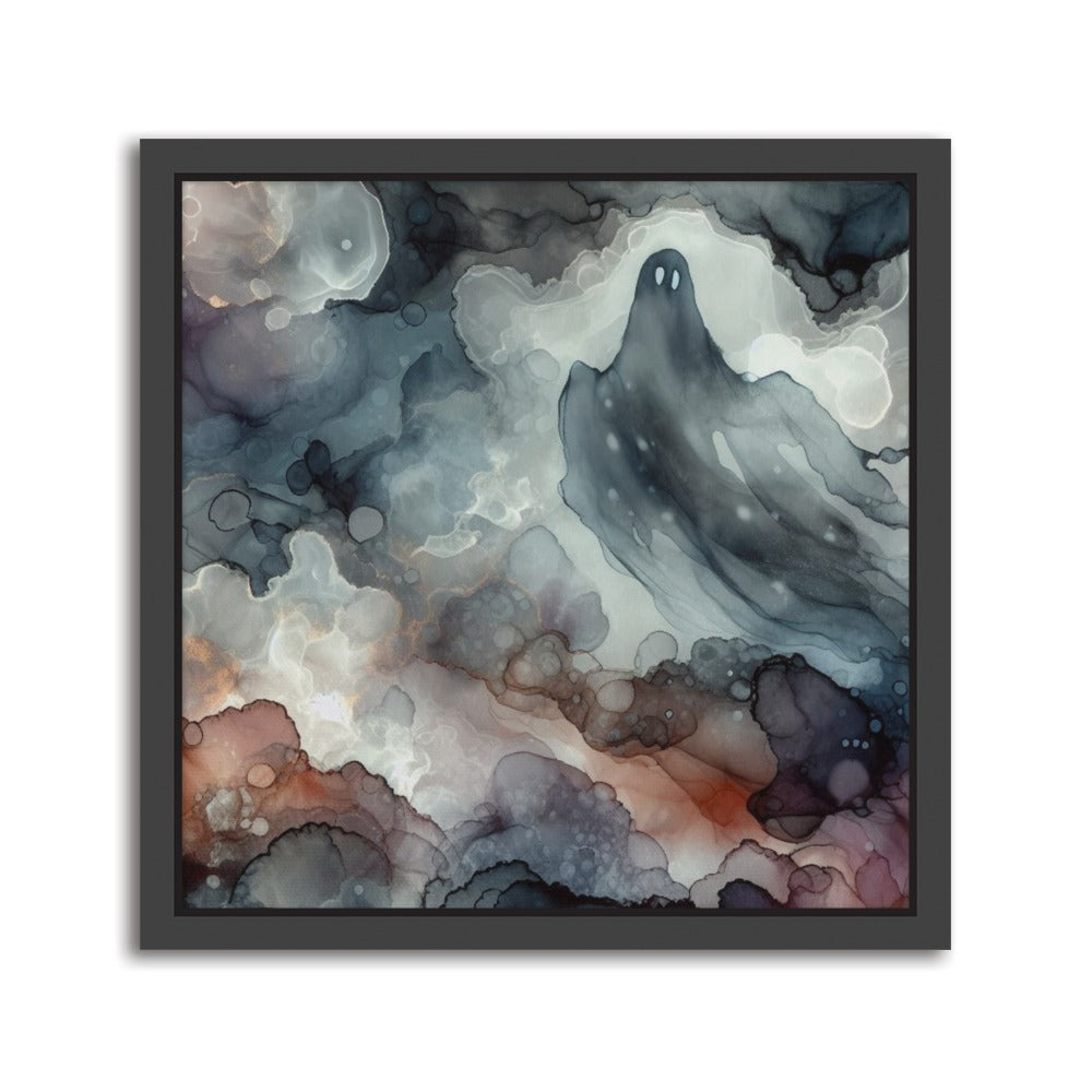 Whispers in the Void Alcohol Ink – Handmade Abstract Canvas Print A spectral composition crafted with alcohol inks, blending solution, and graphic markers on Yupo paper. Ghostly forms drift through monochrome mist, evoking emotion and mystery. Printed on premium canvas with a black floating frame. Format: 12 × 12 inch/ 30 x 30cm square format. 