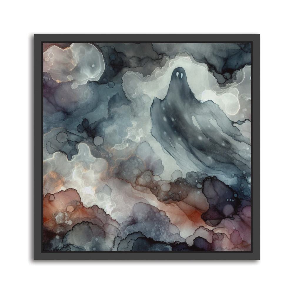 Whispers in the Void Alcohol Ink – Handmade Abstract Canvas Print A spectral composition crafted with alcohol inks, blending solution, and graphic markers on Yupo paper. Ghostly forms drift through monochrome mist, evoking emotion and mystery. Printed on premium canvas with a black floating frame. Format: 16 × 16 inch/ 40 x 40cm square format. 