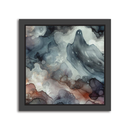 Whispers in the Void Alcohol Ink – Handmade Abstract Canvas Print A spectral composition crafted with alcohol inks, blending solution, and graphic markers on Yupo paper. Ghostly forms drift through monochrome mist, evoking emotion and mystery. Printed on premium canvas with a black floating frame. Format: 8 × 8 inch/ 20 x 20cm square format. 